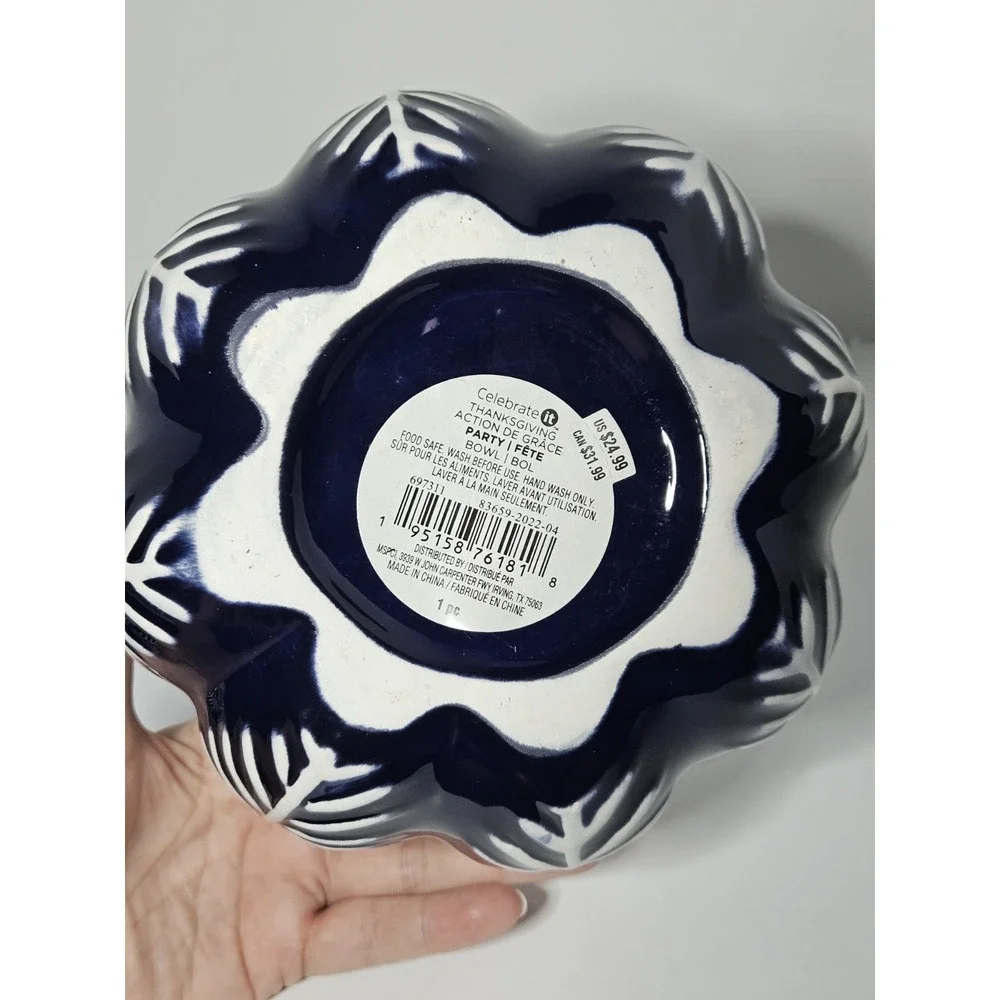 Blue White Ceramic Pumpkin Lidded Candy Dish Jar Thanksgiving Fall Decor 7in